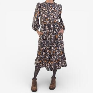 Earthtone Floral High Neck Prairie Ruffle Midi Pocket Dress Sz Small